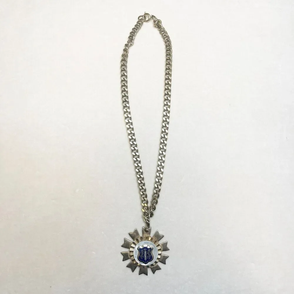 Vintage Fraternal Pendant Necklace Blue Crest Heraldic Lion Crest Medal Silver